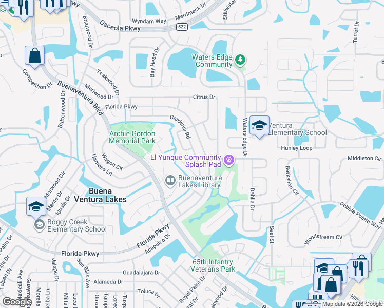 map of restaurants, bars, coffee shops, grocery stores, and more near 286 Gardenia Road in Kissimmee