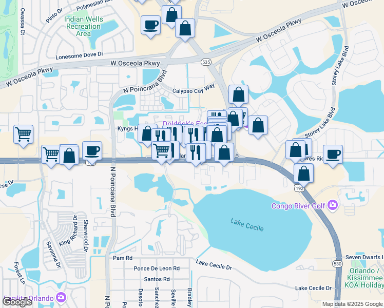 map of restaurants, bars, coffee shops, grocery stores, and more near 5001 U.S. 192 in Kissimmee