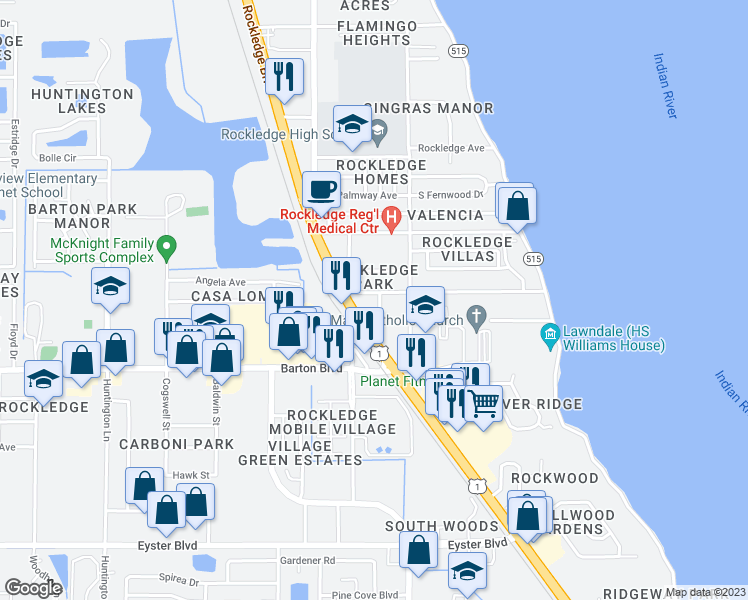 map of restaurants, bars, coffee shops, grocery stores, and more near 117 Barton Avenue in Rockledge
