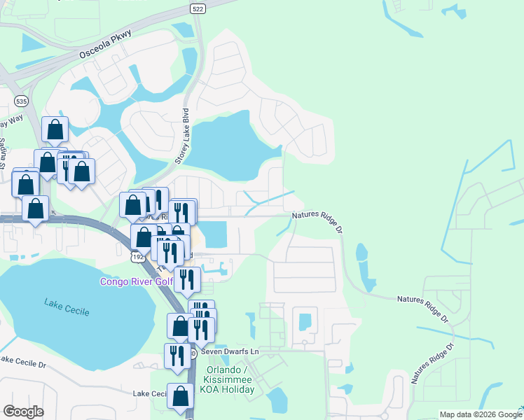 map of restaurants, bars, coffee shops, grocery stores, and more near 4570 Tribute Trail in Kissimmee