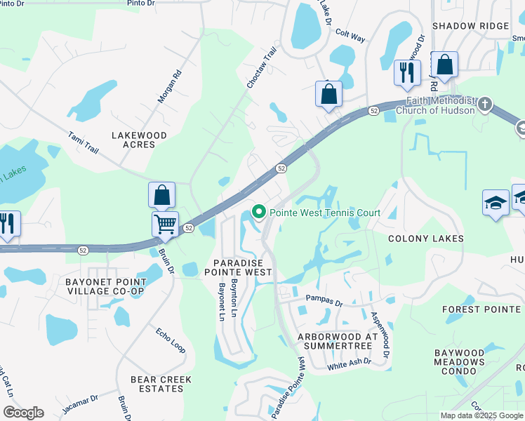 map of restaurants, bars, coffee shops, grocery stores, and more near 11338 Golf Round Drive in New Port Richey