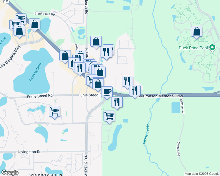 map of restaurants, bars, coffee shops, grocery stores, and more near Unnamed Road in Osceola County