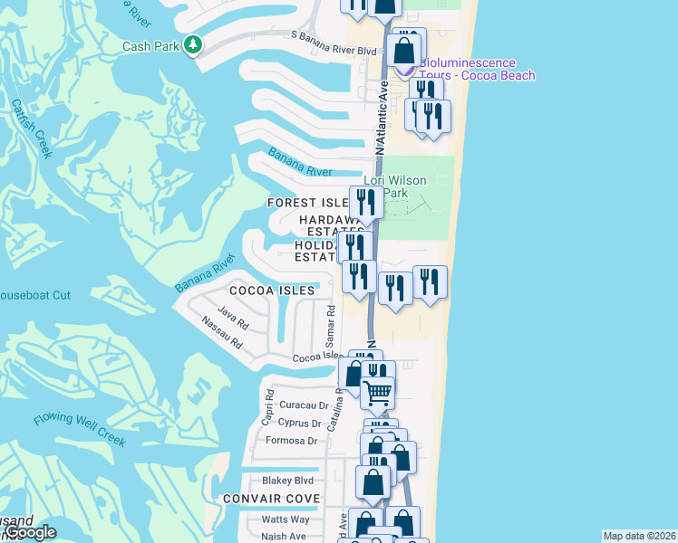 map of restaurants, bars, coffee shops, grocery stores, and more near 1275 North Atlantic Avenue in Cocoa Beach