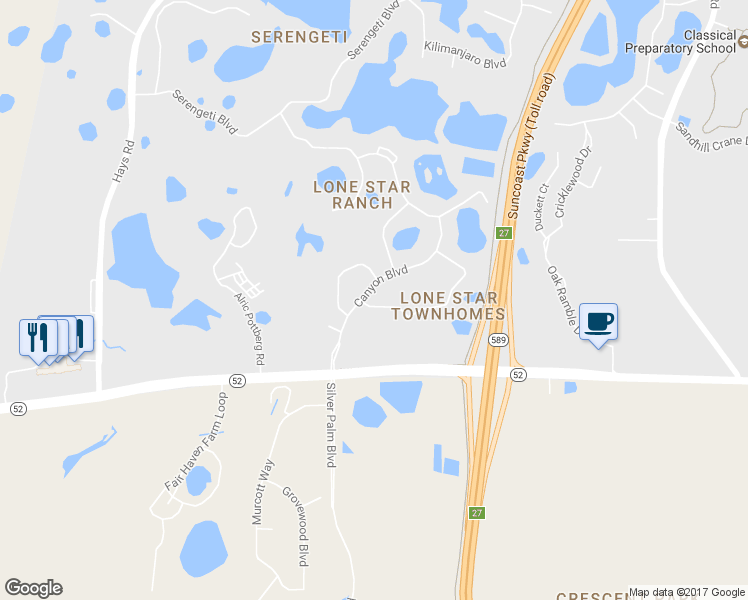 map of restaurants, bars, coffee shops, grocery stores, and more near 15609 Stable Run Drive in Spring Hill