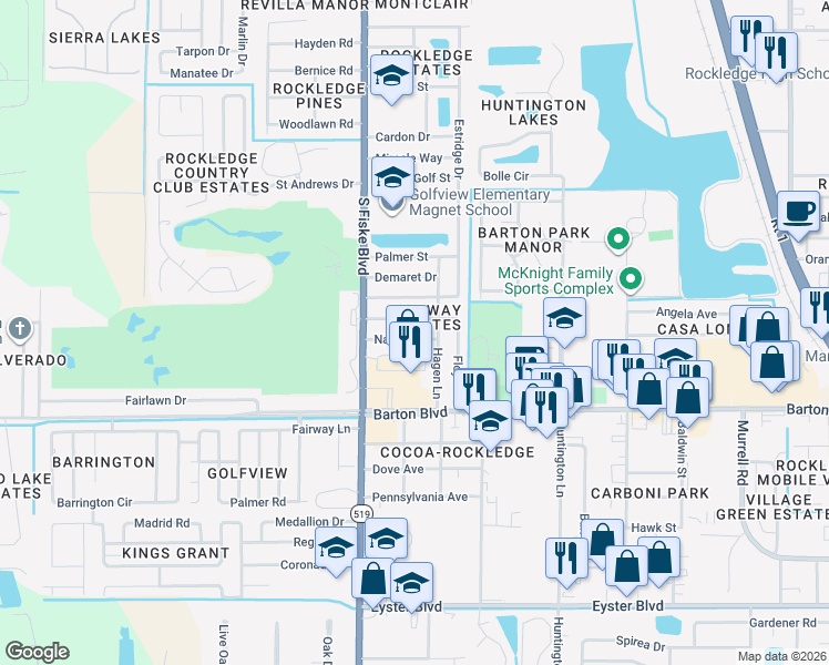 map of restaurants, bars, coffee shops, grocery stores, and more near 982 Nagle Dr in Rockledge