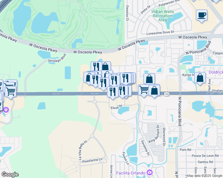 map of restaurants, bars, coffee shops, grocery stores, and more near 5395 West Irlo Bronson Memorial Highway in Kissimmee