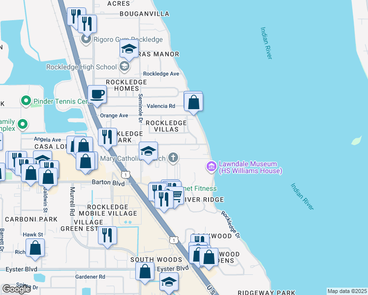 map of restaurants, bars, coffee shops, grocery stores, and more near 27 Barton Avenue in Rockledge