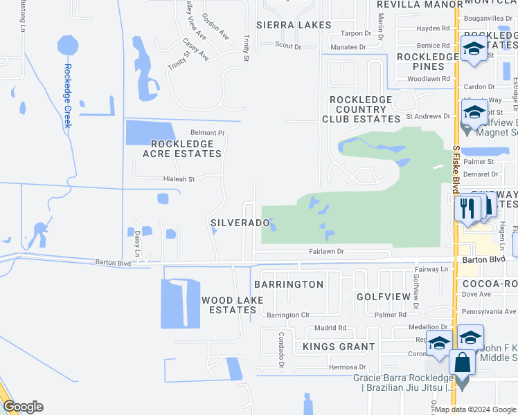 map of restaurants, bars, coffee shops, grocery stores, and more near 1634 Woodland Drive in Rockledge
