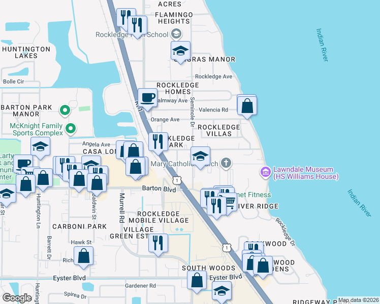 map of restaurants, bars, coffee shops, grocery stores, and more near 101 Barton Avenue in Rockledge