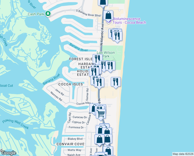 map of restaurants, bars, coffee shops, grocery stores, and more near 1275 North Atlantic Avenue in Cocoa Beach