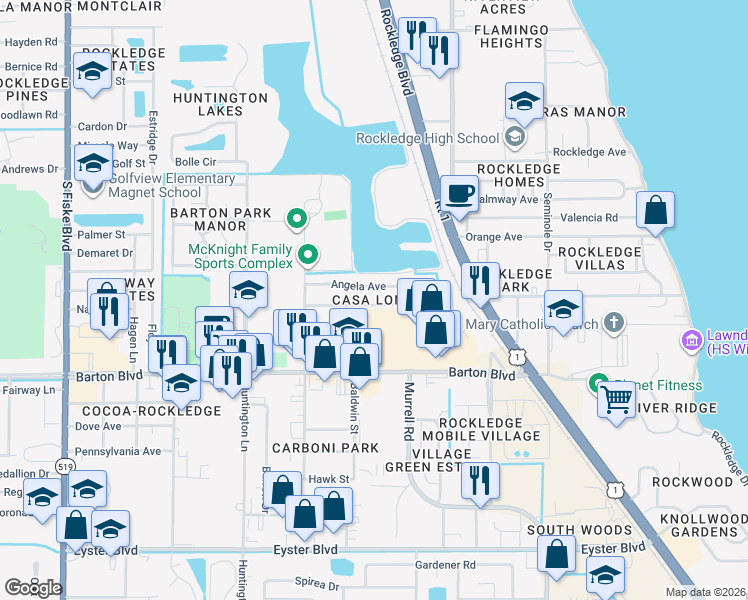 map of restaurants, bars, coffee shops, grocery stores, and more near 828 Faull Drive in Rockledge