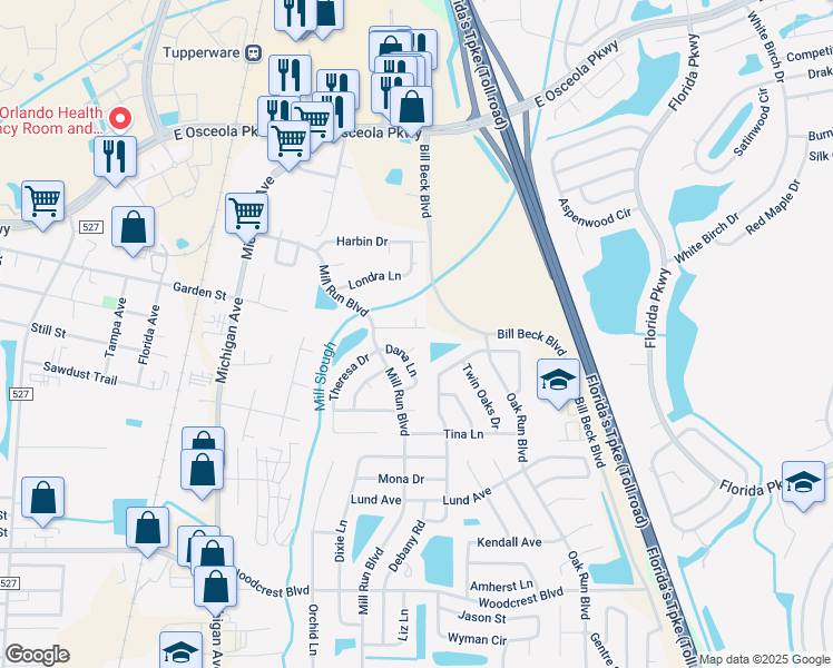 map of restaurants, bars, coffee shops, grocery stores, and more near 1478 Eldra Drive in Kissimmee