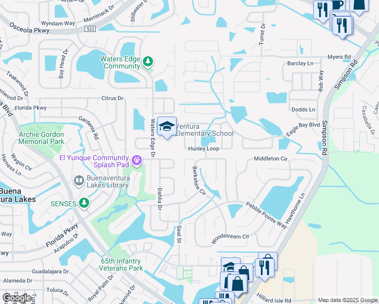 map of restaurants, bars, coffee shops, grocery stores, and more near 2575 Hunley Loop in Kissimmee