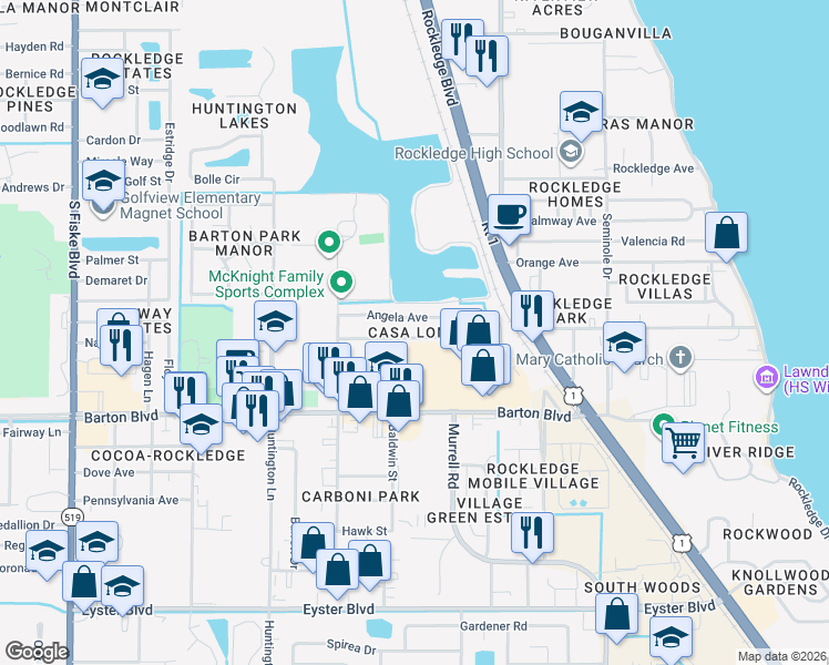 map of restaurants, bars, coffee shops, grocery stores, and more near 828 Faull Drive in Rockledge