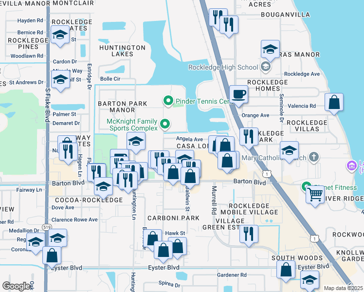 map of restaurants, bars, coffee shops, grocery stores, and more near 828 Faull Drive in Rockledge