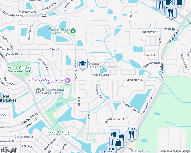 map of restaurants, bars, coffee shops, grocery stores, and more near 2575 Hunley Loop in Kissimmee