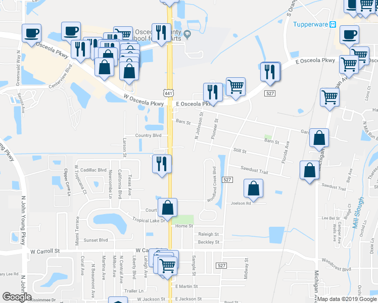 map of restaurants, bars, coffee shops, grocery stores, and more near 2902 North Johnson Street in Kissimmee