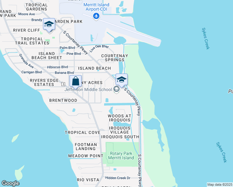 map of restaurants, bars, coffee shops, grocery stores, and more near 1275 South Courtenay Parkway in Merritt Island