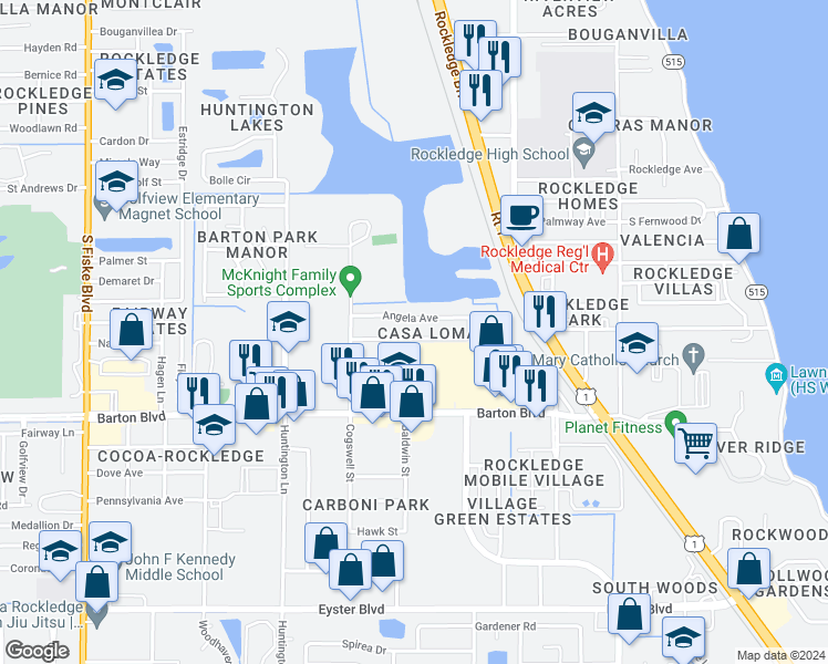 map of restaurants, bars, coffee shops, grocery stores, and more near 828 Faull Drive in Rockledge