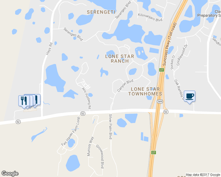 map of restaurants, bars, coffee shops, grocery stores, and more near 12113 Deertrack Loop in Spring Hill