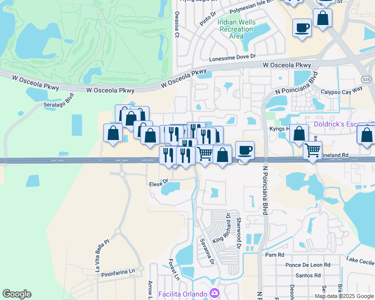 map of restaurants, bars, coffee shops, grocery stores, and more near 5305 West Irlo Bronson Memorial Highway in Kissimmee