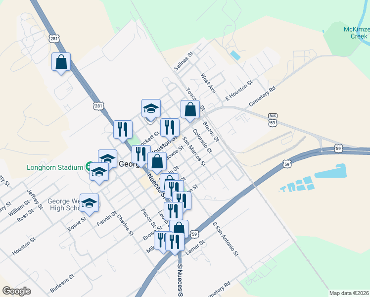 map of restaurants, bars, coffee shops, grocery stores, and more near 305 Bowie Street in George West