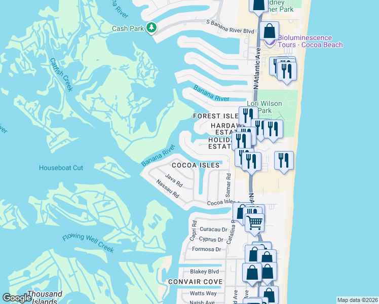 map of restaurants, bars, coffee shops, grocery stores, and more near 1185 Samar Road in Cocoa Beach