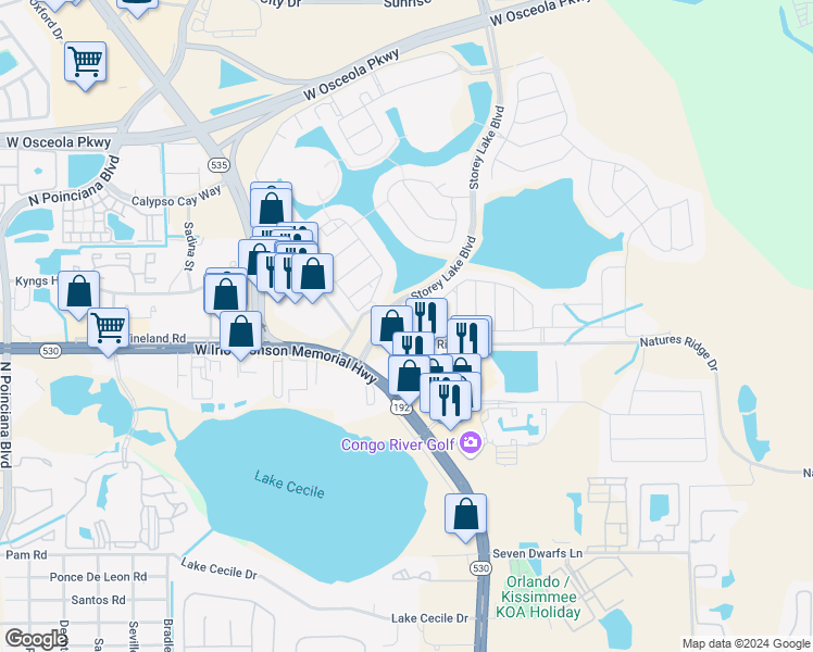map of restaurants, bars, coffee shops, grocery stores, and more near 4738 Tribute Trail in Kissimmee