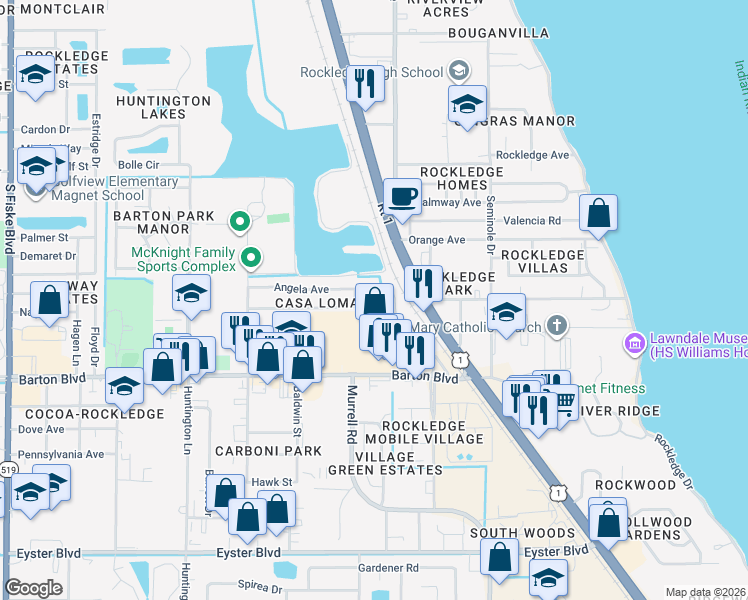 map of restaurants, bars, coffee shops, grocery stores, and more near 805 Angela Avenue in Rockledge