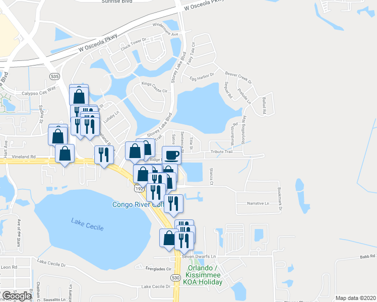 map of restaurants, bars, coffee shops, grocery stores, and more near 4622 Tribute Trail in Kissimmee