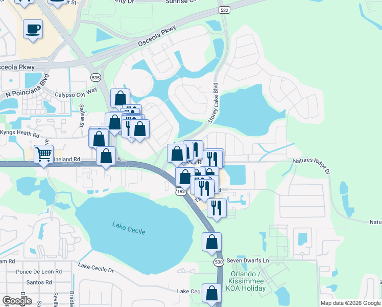 map of restaurants, bars, coffee shops, grocery stores, and more near 4700 Tribute Trail in Kissimmee
