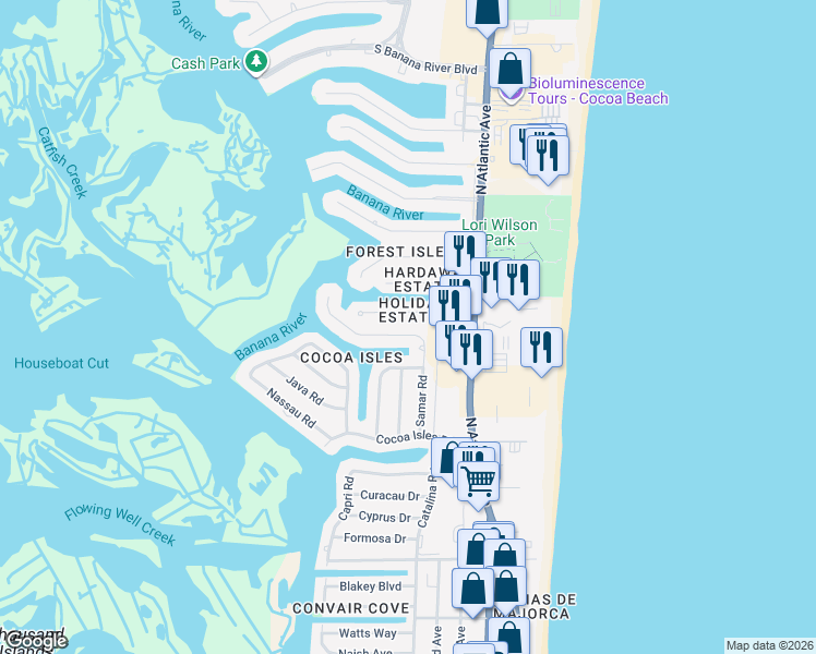 map of restaurants, bars, coffee shops, grocery stores, and more near 1074 Samar Road in Cocoa Beach