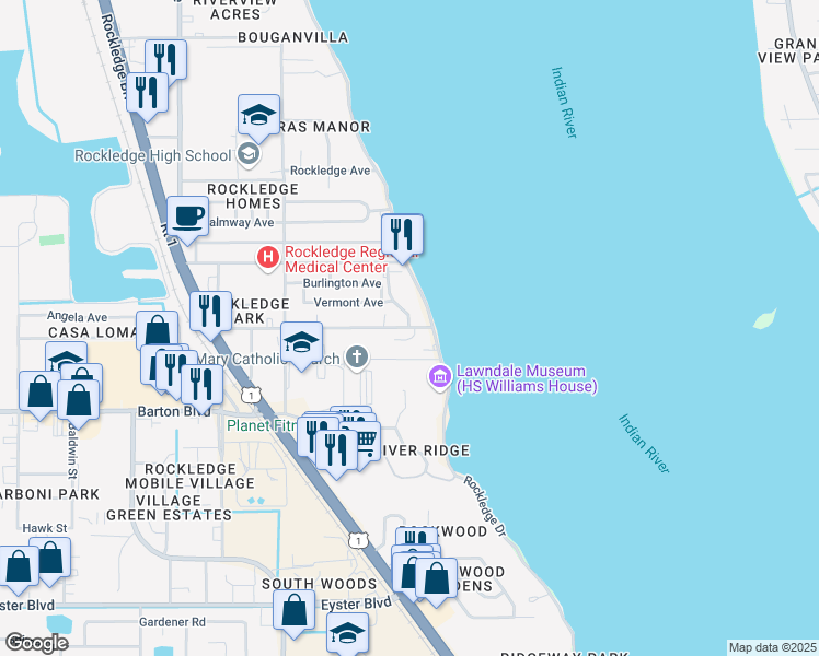 map of restaurants, bars, coffee shops, grocery stores, and more near 11 Barton Avenue in Rockledge