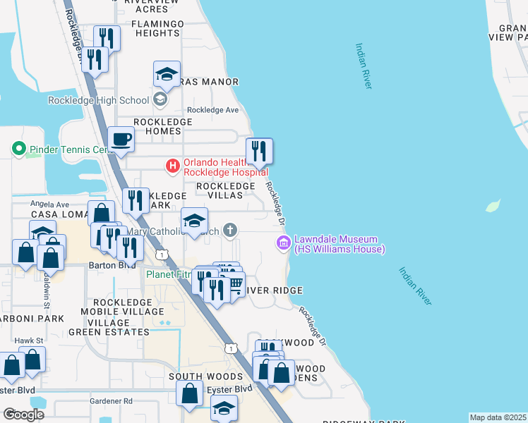 map of restaurants, bars, coffee shops, grocery stores, and more near 11 Barton Avenue in Rockledge