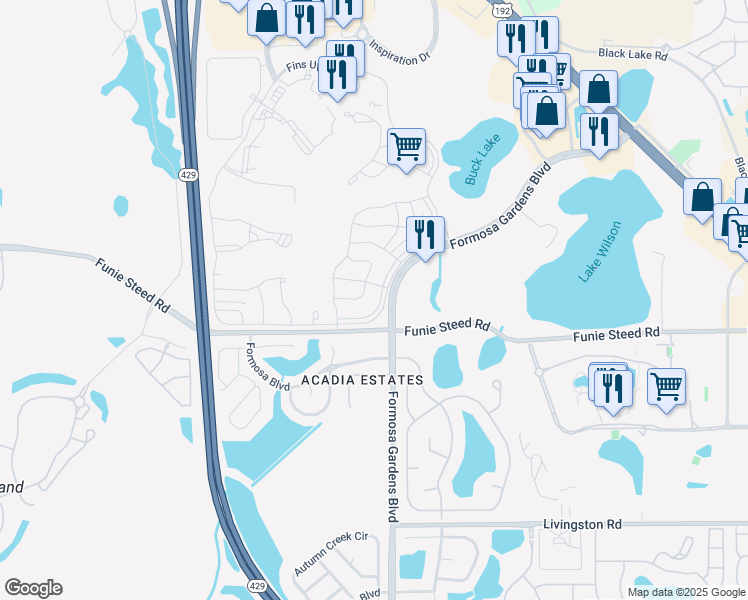 map of restaurants, bars, coffee shops, grocery stores, and more near 1 Formosa Gardens Boulevard in Kissimmee