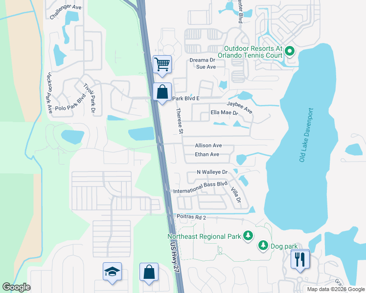 map of restaurants, bars, coffee shops, grocery stores, and more near 109 Allison Avenue in Davenport