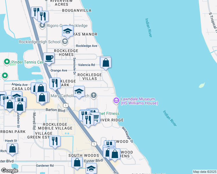 map of restaurants, bars, coffee shops, grocery stores, and more near 1101 Rockledge Drive in Rockledge