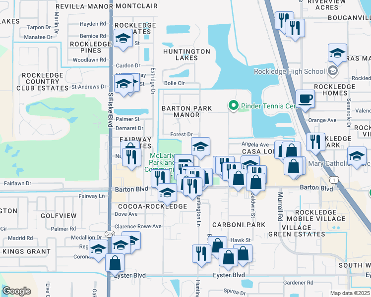 map of restaurants, bars, coffee shops, grocery stores, and more near 1515 Huntington Lane in Rockledge