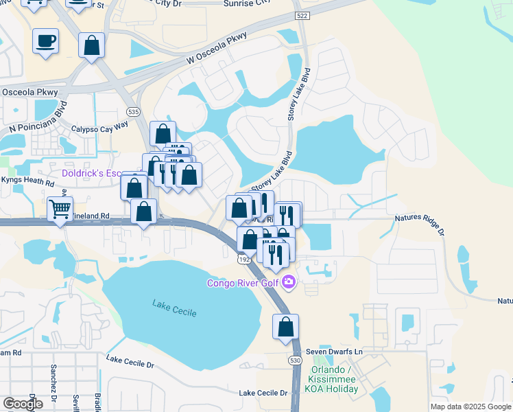 map of restaurants, bars, coffee shops, grocery stores, and more near 4738 Tribute Trail in Kissimmee