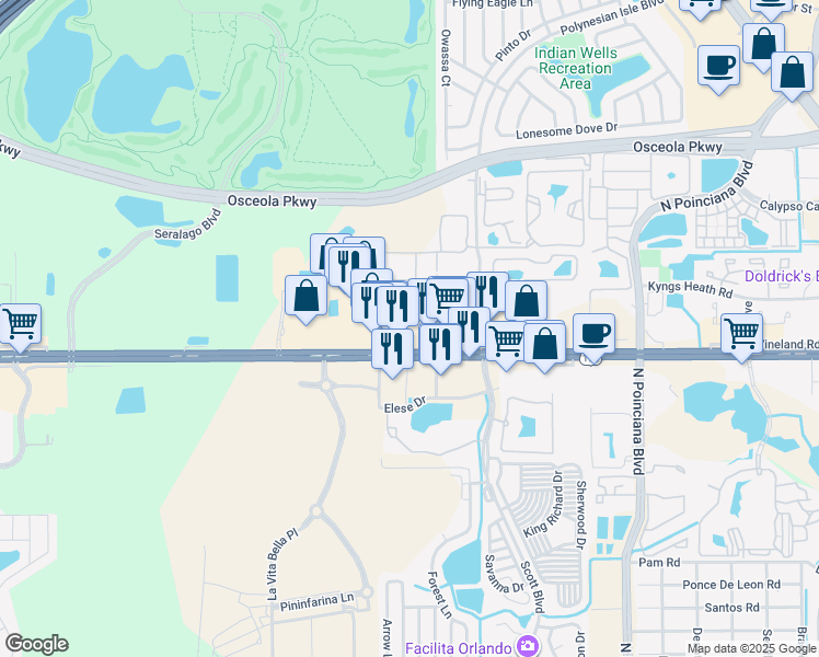 map of restaurants, bars, coffee shops, grocery stores, and more near 5351 West Irlo Bronson Memorial Highway in Kissimmee