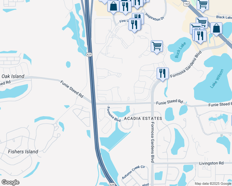 map of restaurants, bars, coffee shops, grocery stores, and more near Funie Steed Road in Kissimmee