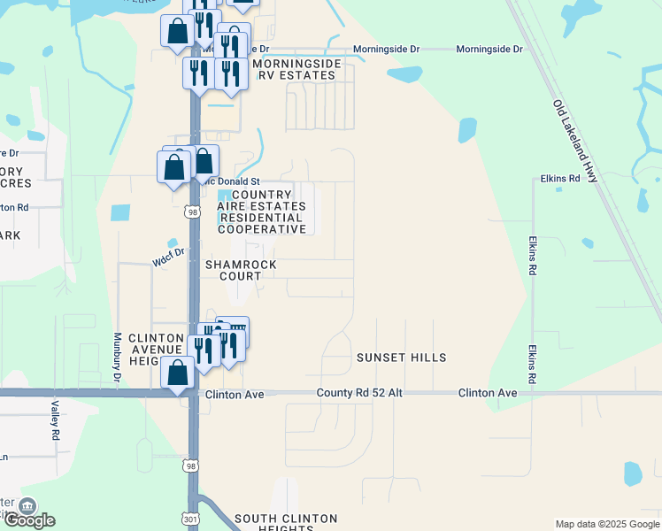 map of restaurants, bars, coffee shops, grocery stores, and more near Pindos Drive in Dade City