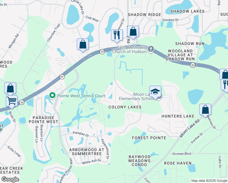map of restaurants, bars, coffee shops, grocery stores, and more near 12135 Infinity Drive in New Port Richey