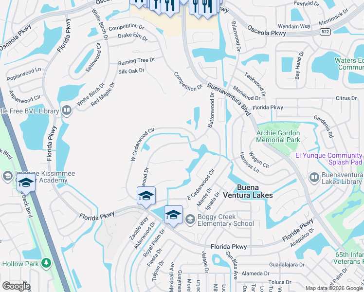 map of restaurants, bars, coffee shops, grocery stores, and more near 363 Buttonwood Drive in Kissimmee