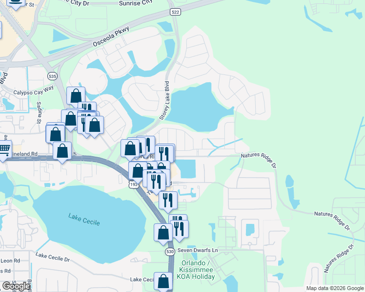 map of restaurants, bars, coffee shops, grocery stores, and more near 2906 Title Street in Kissimmee