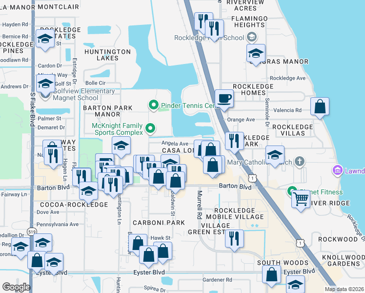 map of restaurants, bars, coffee shops, grocery stores, and more near 828 Faull Drive in Rockledge