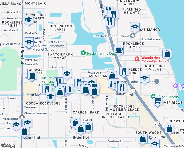 map of restaurants, bars, coffee shops, grocery stores, and more near 828 Faull Drive in Rockledge