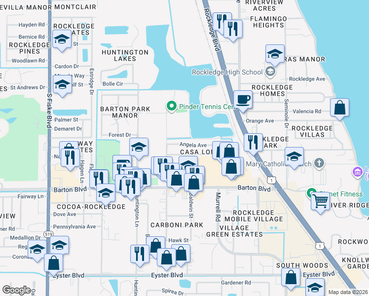 map of restaurants, bars, coffee shops, grocery stores, and more near 842 Faull Drive in Rockledge