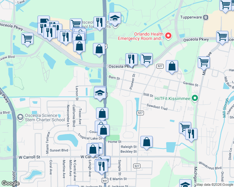 map of restaurants, bars, coffee shops, grocery stores, and more near 2902 North Johnson Street in Kissimmee