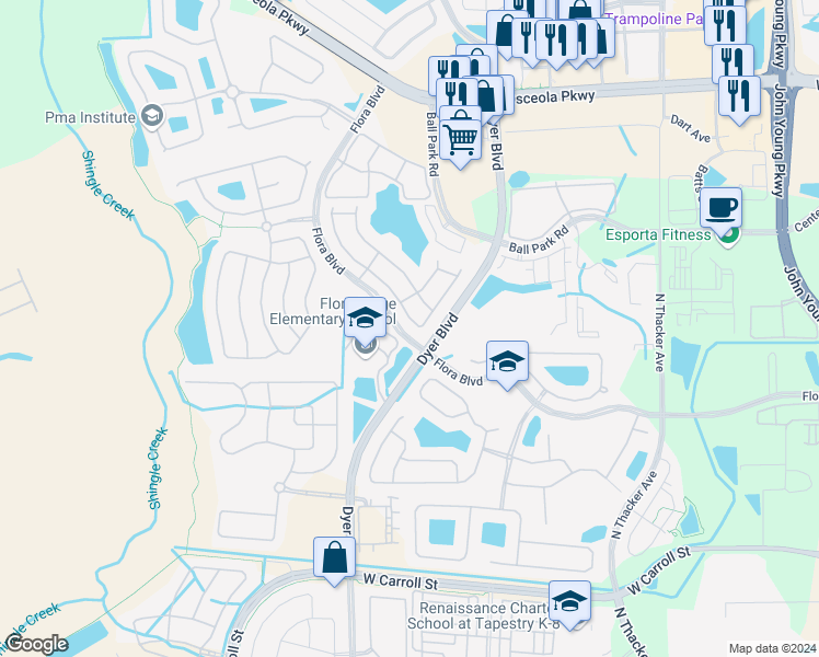 map of restaurants, bars, coffee shops, grocery stores, and more near 2986 Ashland Lane South in Kissimmee